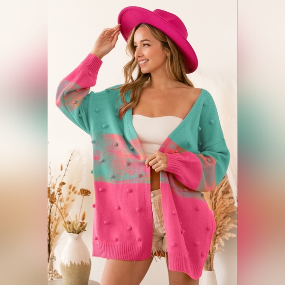 BiBi Puff 3D Pom-pom Oversized Knit Colorblock Ombre Open Sweater Long Cardigan - Picture 4 of 8